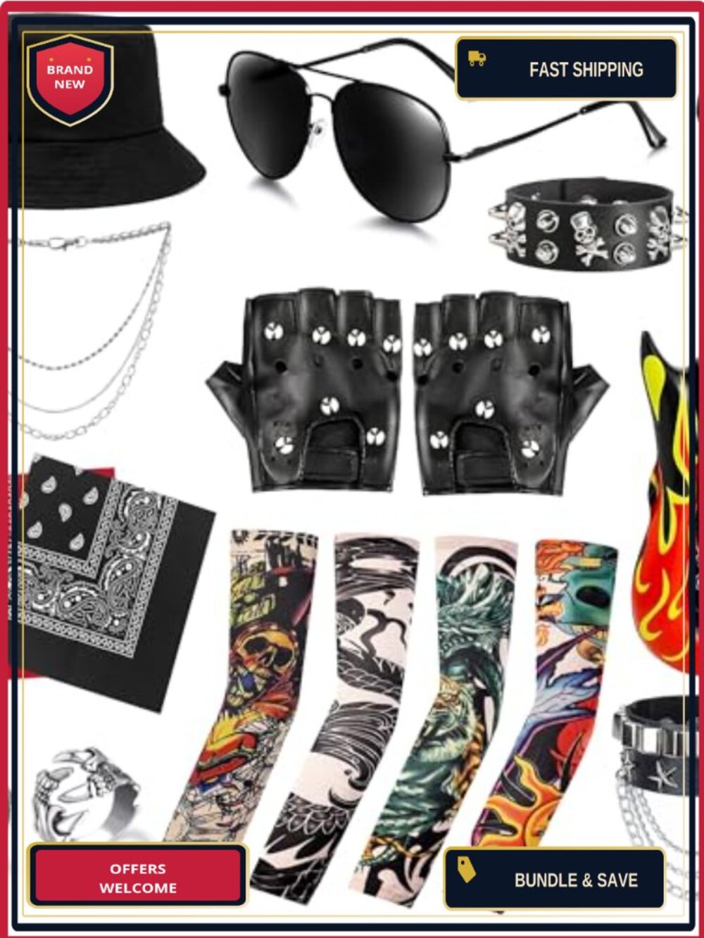 GIFIKOI 16pc Men's 80s Rocker Costume Set Punk Accessories Guitar Hat